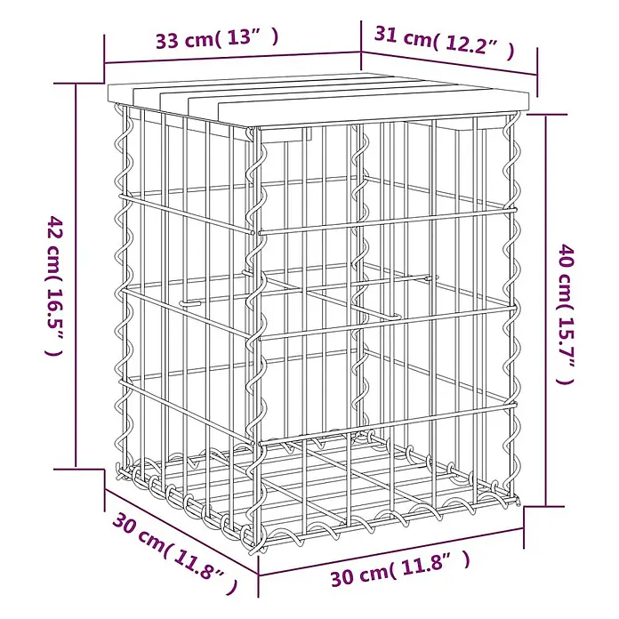 Furnicato Gartenbank Kiefernholz imprägniert - B x T x H: 33 x 31 x 42 cm, Imprägniertes Kiefernholz - Gabionenkorb mit Holzplatte: oben 33x31 cm, unten 30x30 cm, Gesamthöhe 42 cm.