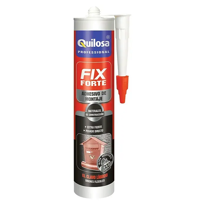 Quilosa Adhesivo para montaje Fix Forte - 350 g - Imagen de un cartucho de adhesivo de construcción Quilosa Fix Forte, un adhesivo fuerte y flexible para diversos materiales de construcción.
