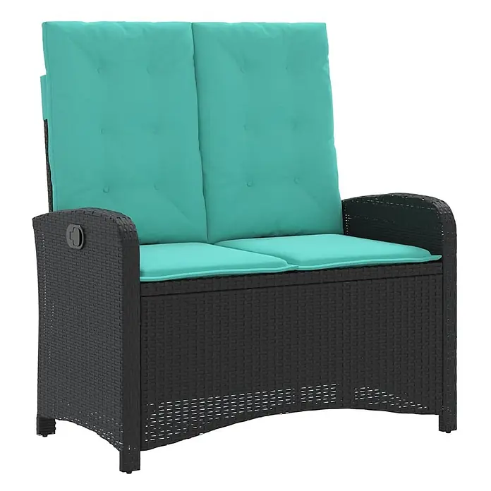 Furnicato Gartenbank PE-Rattan - B x T x H: 105 x 86 x 83 cm, Schwarz - Schwarze Rattan-Optik Outdoor-Sitzbank mit Stauraum und zwei türkisfarbenen Kissen.
