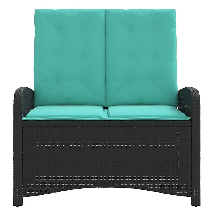 Furnicato Gartenbank PE-Rattan - B x T x H: 105 x 86 x 83 cm, Schwarz - Schwarze geflochtene Zweisitzer-Gartenbank mit hoher Rückenlehne und türkisfarbenen Sitz- und Rückenkissen.