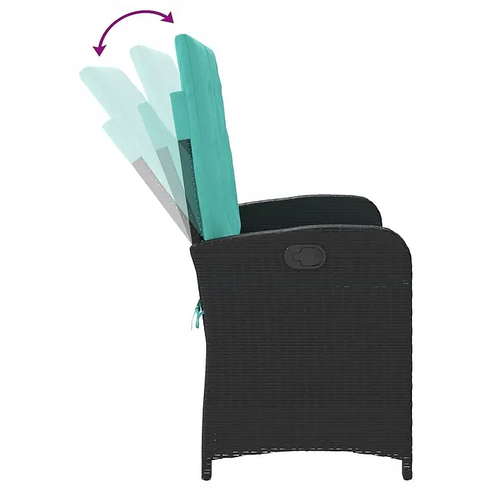 Furnicato Gartenbank PE-Rattan - B x T x H: 105 x 86 x 83 cm, Schwarz - Dunkelbrauner Polyrattan-Liegestuhl mit türkisfarbenem Kissen, der die verstellbare Rückenlehne in Bewegung zeigt.