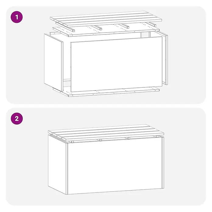 Furnicato Gartenbank Douglasienholz lackiert - B x T x H: 40 x 80 x 43 cm, Wetterfeststahl - Zwei Montageschritte für eine rechteckige Aufbewahrungsbox mit Lamellenoberseite.