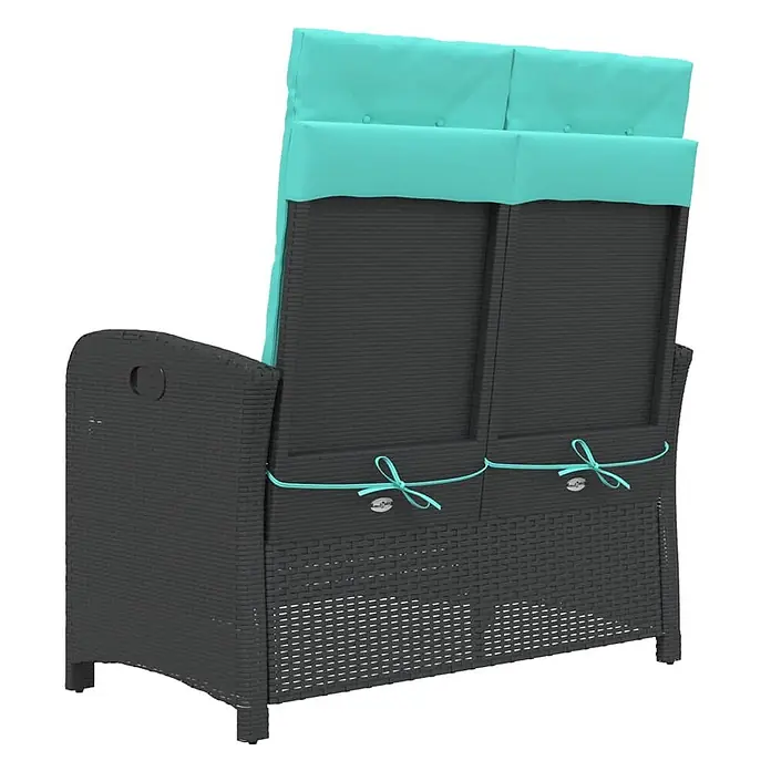 Furnicato Gartenbank PE-Rattan - B x T x H: 105 x 86 x 83 cm, Schwarz - Dunkelgraue Rattan-Gartenbank mit hellblauen Kissen, von hinten gesehen.