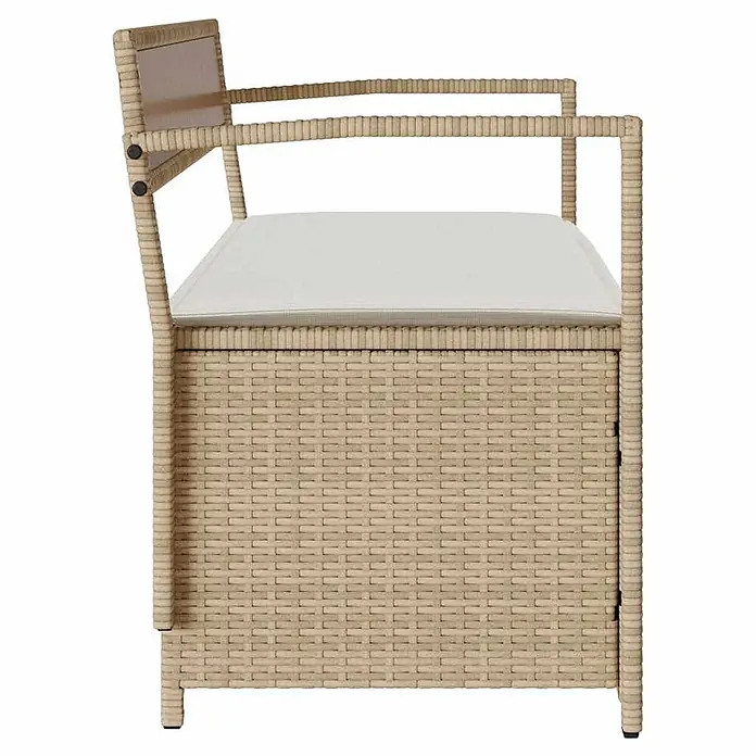 Furnicato Gartenbank - B x T x H: 111,5 x 54 x 74 cm, Beige und Cremeweiß - Beige Rattan-Truhenbank mit weißem Kissen, Seitenansicht.