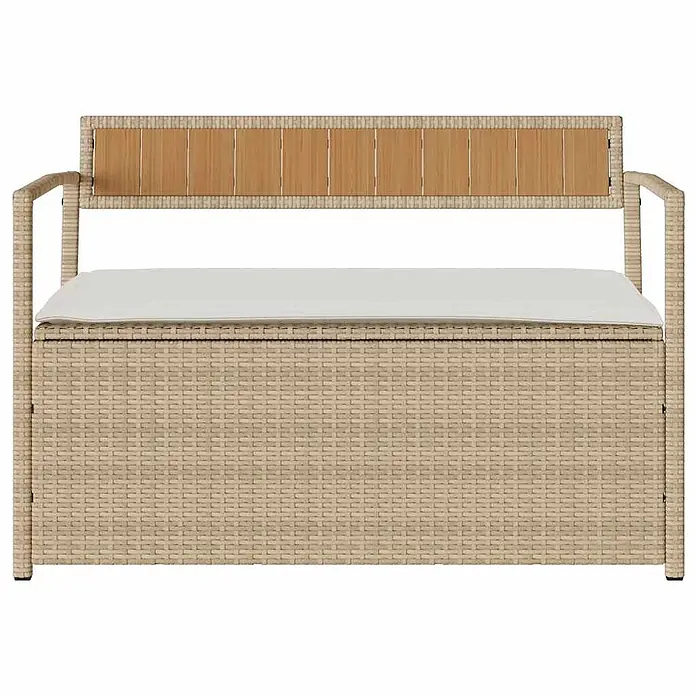 Furnicato Gartenbank - B x T x H: 111,5 x 54 x 74 cm, Beige und Cremeweiß - Hellbraune Rattan-Gartenbank mit Stauraum, weißem Kissen und Holzlatten-Rückenlehne.