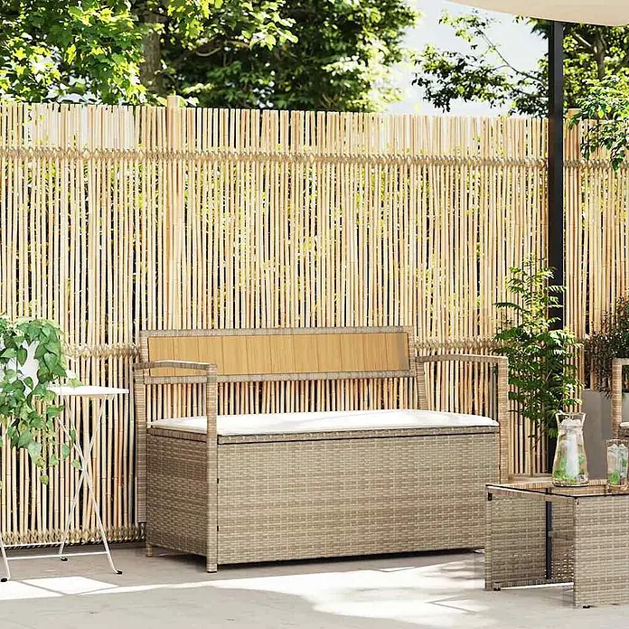 Furnicato Gartenbank - B x T x H: 111,5 x 54 x 74 cm, Beige und Cremeweiß - Rattan-Gartenbank mit weißem Kissen, bietet bequemes Sitzen und diskreten Stauraum.