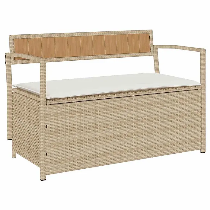 Furnicato Gartenbank - B x T x H: 111,5 x 54 x 74 cm, Beige und Cremeweiß - Zweisitzige Aufbewahrungsbank aus beigem Polyrattan mit Holzlehne und weißem Kissen.