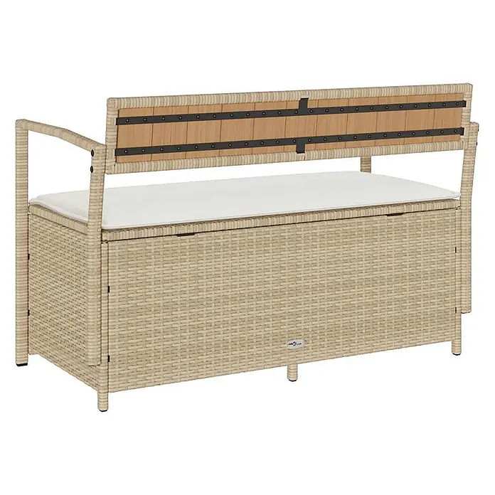 Furnicato Gartenbank - B x T x H: 111,5 x 54 x 74 cm, Beige und Cremeweiß - Beige Rattan-Gartenbank mit weißem Kissen, Holzlehne und integriertem Stauraum.