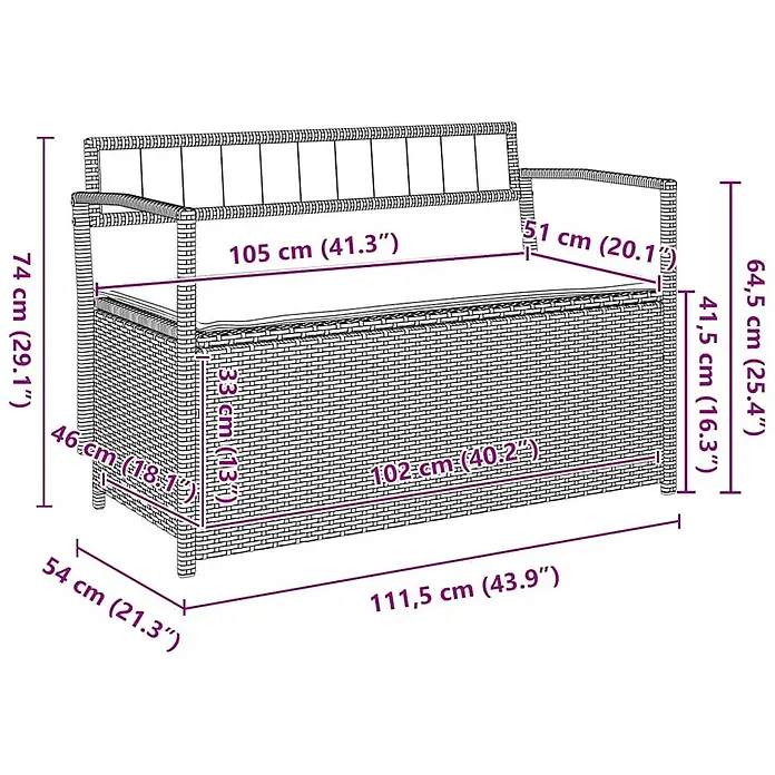 Furnicato Gartenbank - B x T x H: 105 x 54 x 74 cm, Schwarz und Creme - Rattan-Sitzbank mit Stauraum und Kissen, detaillierte Maße dargestellt.