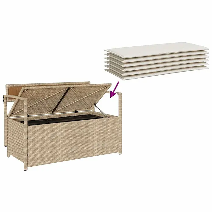 Furnicato Gartenbank - B x T x H: 111,5 x 54 x 74 cm, Beige und Cremeweiß - Hellbraune Rattan-Sitzbank mit offenem Deckel und gestapelten weißen Kissen.