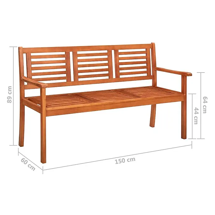 Furnicato Gartenbank Eukalyptusholz geölt - B x T x H: 150 x 60 x 89 cm, Knallgrün - Braune Gartenbank aus Holz mit Lattenrostsitz und Rückenlehne, Maße sind angegeben.
