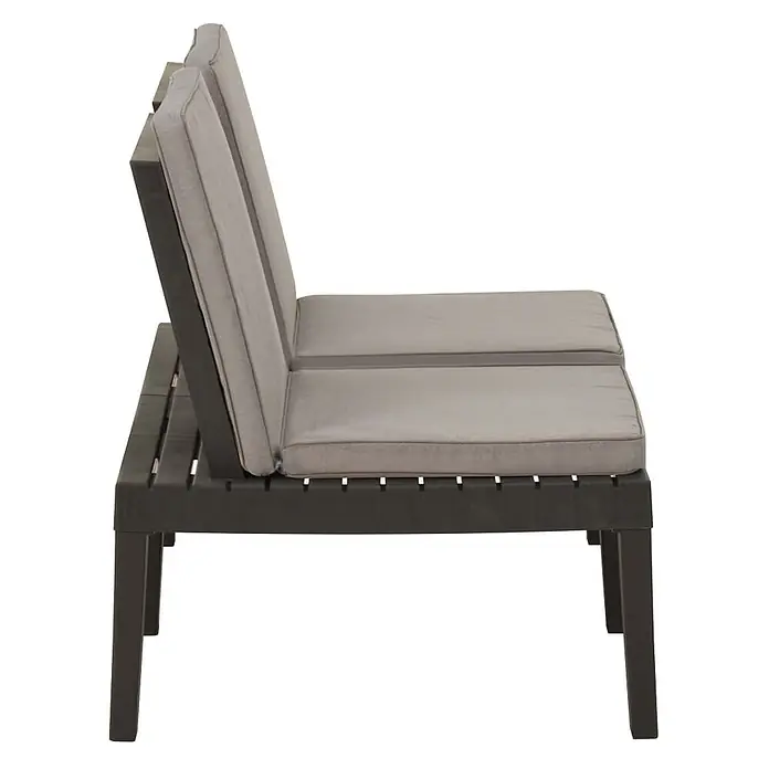 Furnicato Gartenbank - Grau - Zweisitzer-Outdoor-Sofa mit dunkelbraunem Rahmen und hellgrauen Kissen, Seitenansicht.