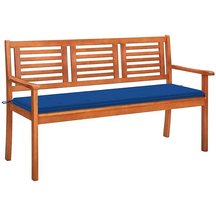 Furnicato Gartenbank - Königsblau - Holz-Gartenbank mit Lattenrückenlehne und Armlehnen, mit einem langen blauen Kissen für bequemes Sitzen im Freien.