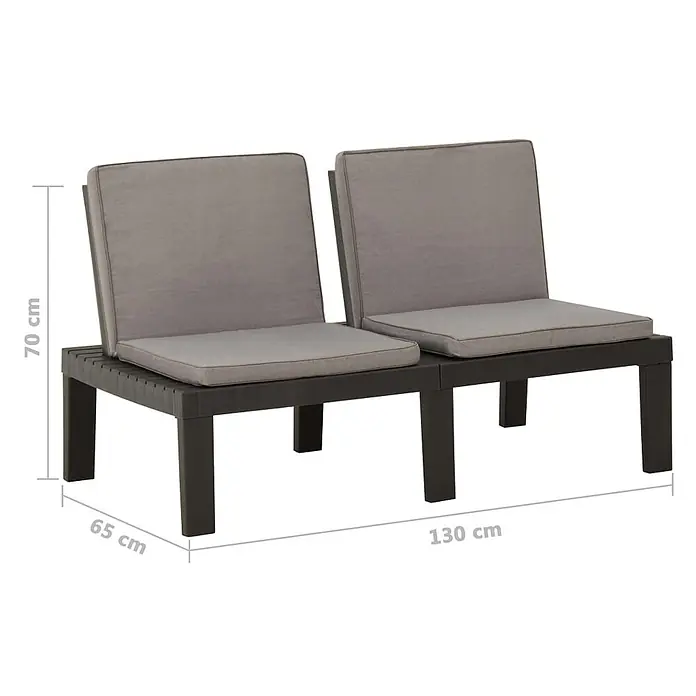 Furnicato Gartenbank - Grau - Dunkelgraues Kunststoff-Zweisitzer-Gartensofa mit hellgrauen Kissen, zeigt Länge, Tiefe und Höhe.