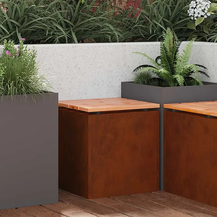 Furnicato Gartenbank - B x T x H: 40 x 40 x 43 cm, Wetterfeststahl - Modulare dunkelgraue Metall-Pflanzgefäße und Cortenstahl-Look Würfelbänke mit Holzplatten, auf Deck.