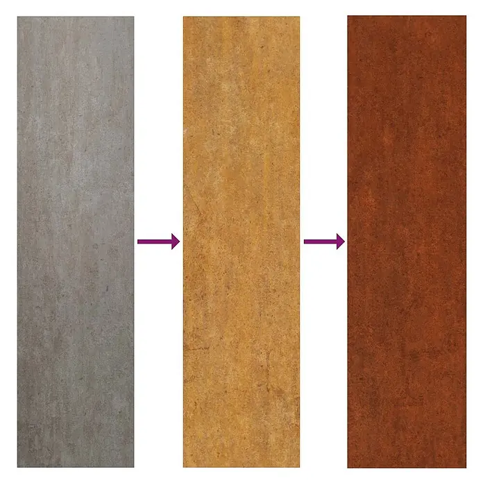 Furnicato Gartenbank Douglasienholz lackiert - B x T x H: 40 x 80 x 43 cm, Wetterfeststahl - Drei Platten, die die Farbentwicklung eines Materials von Grau über Gelbbraun zu Rostorange zeigen.