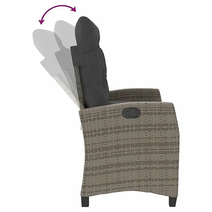 Furnicato Gartenbank - B x T x H: 66 x 90 x 93 cm, Grau - Geflecht-Liegesessel mit grauem Kissen, der die neigbare Rückenlehne zeigt.