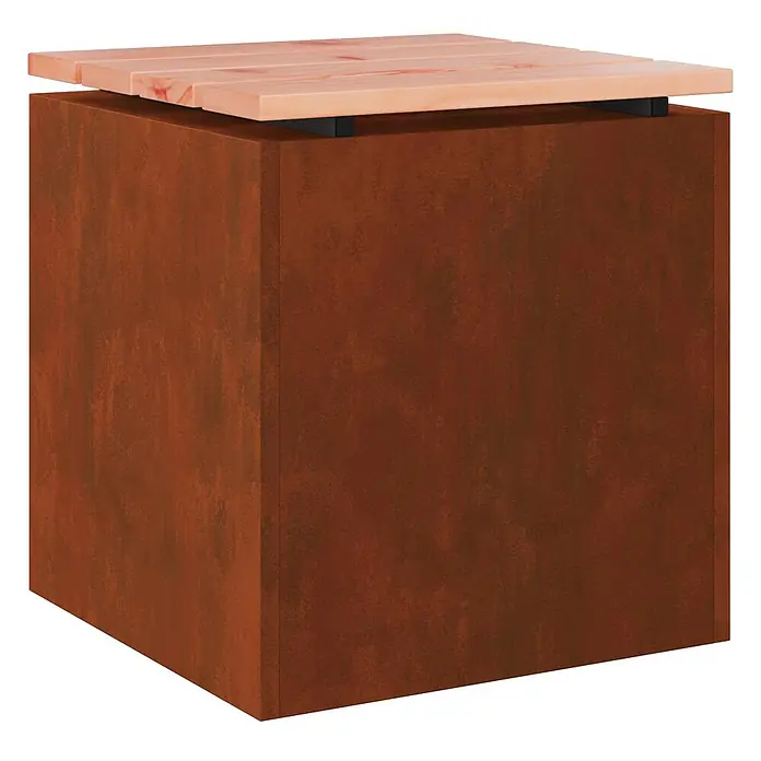 Furnicato Gartenbank - B x T x H: 40 x 40 x 43 cm, Wetterfeststahl - Würfelförmiger Pflanzkübel in Rostoptik mit heller Holzlamellenplatte.