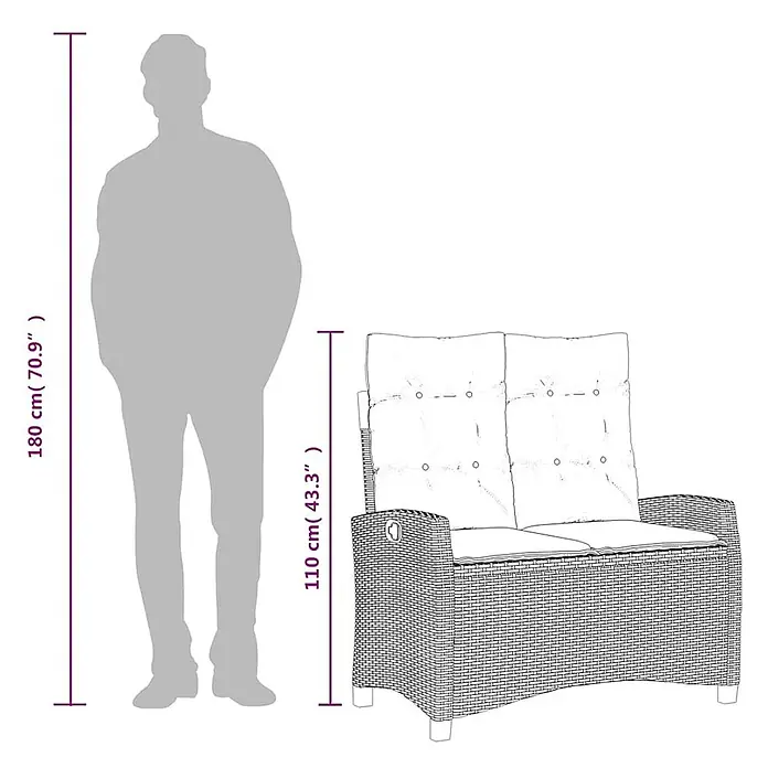 Furnicato Gartenbank - B x T x H: 66 x 90 x 93 cm, Grau - Zweisitzer-Rattan-Gartenssofa mit Kissen, mit menschlicher Silhouette zur Größenangabe. Höhe: 110 cm.