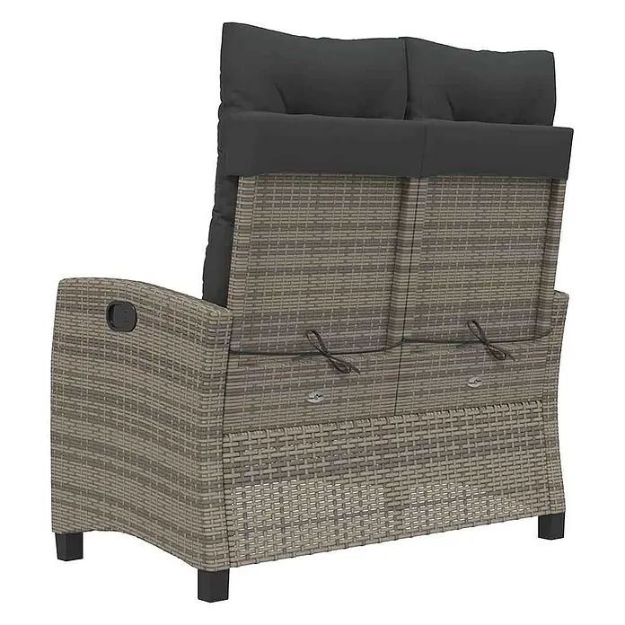 Furnicato Gartenbank - B x T x H: 66 x 90 x 93 cm, Grau - Graues Polyrattan Gartenssofa für zwei Personen mit dunkelgrauen Kissen, Rückansicht.