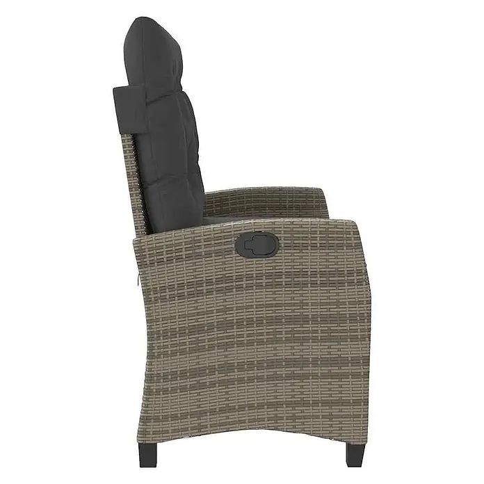 Furnicato Gartenbank - B x T x H: 66 x 90 x 93 cm, Grau - Seitenansicht eines grauen Rattan-Gartenliegestuhls mit dunkelgrauen Polstern und Liegehebel an der Armlehne.