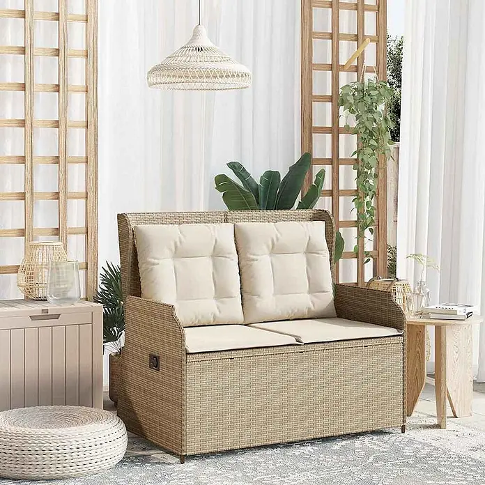 Furnicato Gartenbank - B x T x H: 95 x 110 x 95 cm, Beige und Creme - Rattan-Aufbewahrungsbank mit cremefarbenen Kissen für Sitzgelegenheiten und Stauraum im Freien.
