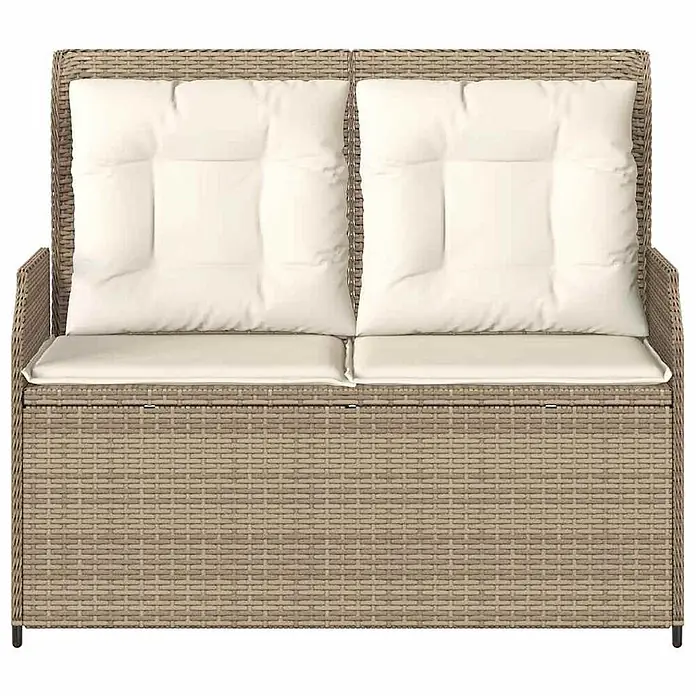 Furnicato Gartenbank - B x T x H: 95 x 110 x 95 cm, Beige und Creme - Zweisitzige beige Rattan-Gartenbank mit integriertem Stauraum und cremefarbenen Kissen.
