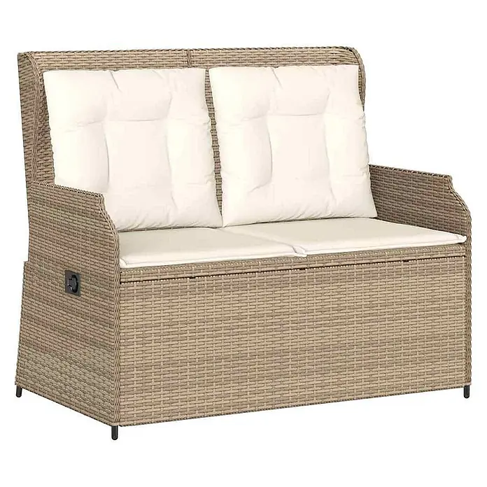 Furnicato Gartenbank - B x T x H: 95 x 110 x 95 cm, Beige und Creme - Zweisitzige beige Rattan-Gartenbank mit cremefarbenen Kissen und integriertem Stauraum.