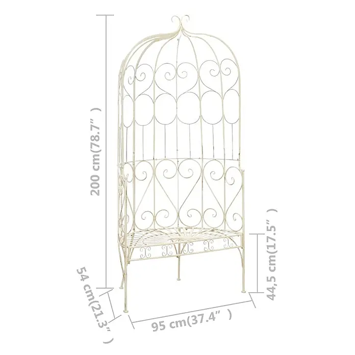 Furnicato Gartenbank Schmiedeeisen Antikweiß - B x T x H: 95 x 54 x 200 cm, Weiß - Cremefarbene Gartenlaube aus Metall mit dekorativen Schnörkeln und integrierter Sitzbank für den Außenbereich.