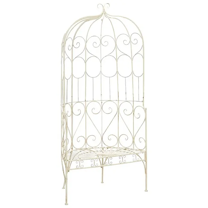 Furnicato Gartenbank Schmiedeeisen Antikweiß - B x T x H: 95 x 54 x 200 cm, Weiß - Cremefarbener, verzierter Metall-Gartenobelisk mit Rankendetails für Kletterpflanzen.
