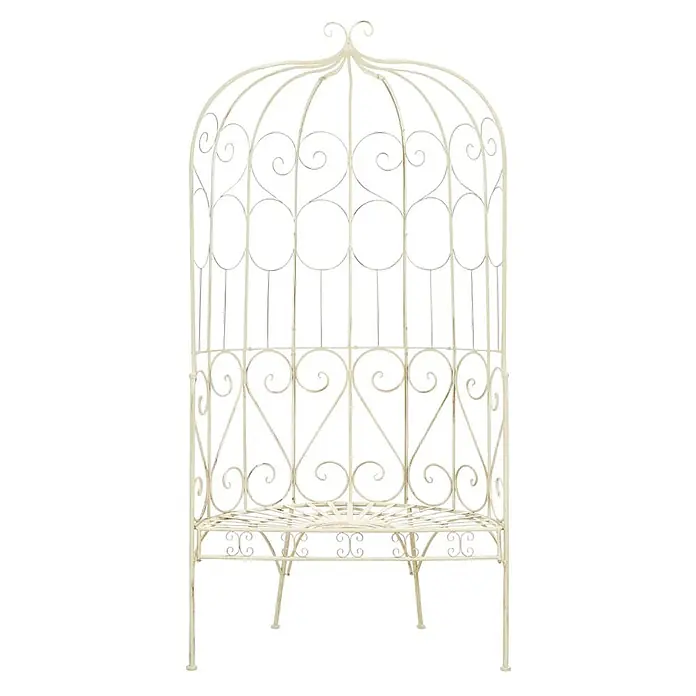 Furnicato Gartenbank Schmiedeeisen Antikweiß - B x T x H: 95 x 54 x 200 cm, Weiß - Cremefarbener Metall-Gartenbogen mit integrierter Bank und Zierschnörkeln.