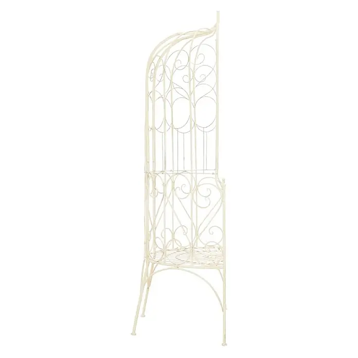 Furnicato Gartenbank Schmiedeeisen Antikweiß - B x T x H: 95 x 54 x 200 cm, Weiß - Cremefarbener Metall-Gartenbogen mit dekorativem Rankgitter und integrierten Pflanzenregalen.
