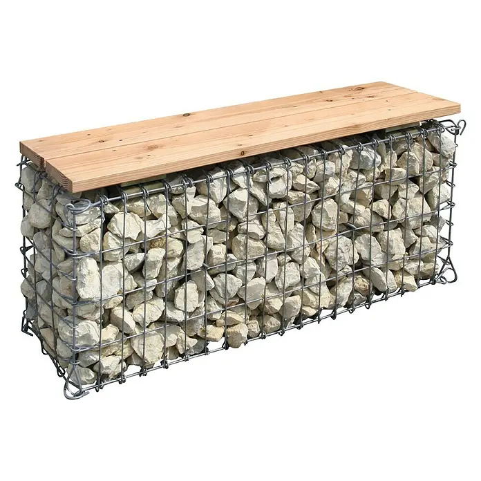 Bellissa Gabionenbank - 100 x 30 x 46 cm, Metall, Maschenbreite: 50 mm, Maschenhöhe: 100 mm - Bild eines Gabionen-Bank, ein stilvolles Gartenmöbelstück mit Steinen gefülltem Drahtkorb und einer Sitzfläche aus Holz.