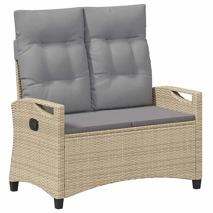 Furnicato Gartenbank pulverbeschichtet - B x T x H: 60 x 105 x 112 cm, Beige und Hellgrau - Beiges Polyrattan 2-Sitzer Gartensofa mit grauen Kissen und Liegefunktion.
