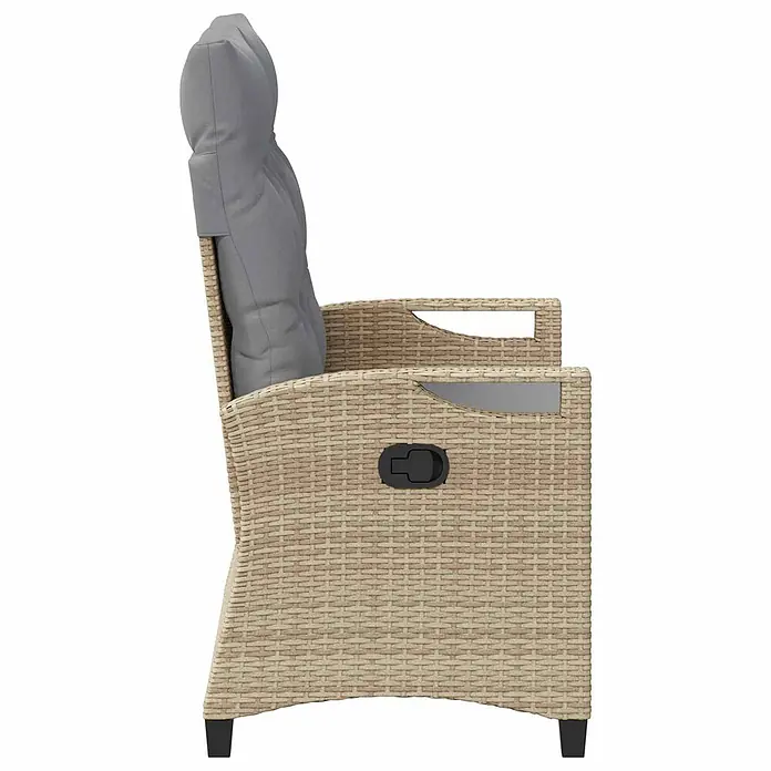 Furnicato Gartenbank pulverbeschichtet - B x T x H: 60 x 105 x 112 cm, Beige und Hellgrau - Hellbrauner Loungesessel im Rattan-Stil mit grauen Kissen und schwarzem Kipphebel, von der Seite.