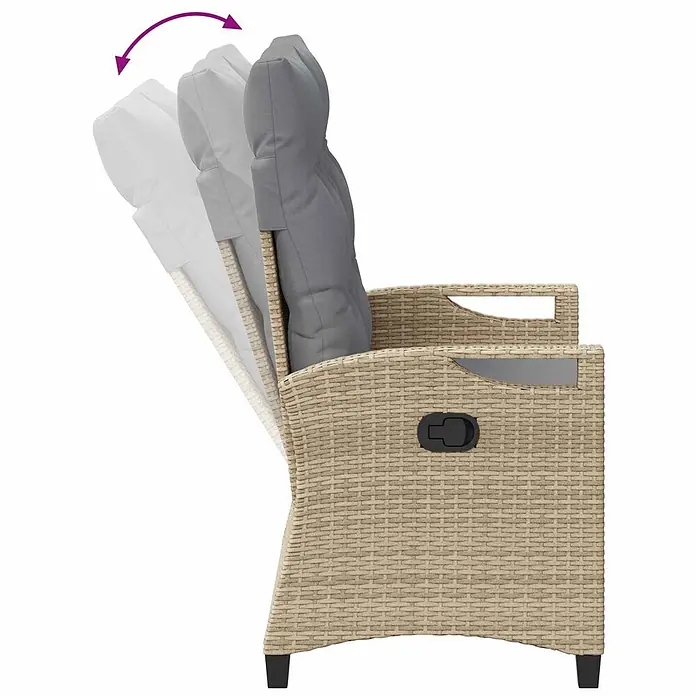 Furnicato Gartenbank pulverbeschichtet - B x T x H: 60 x 105 x 112 cm, Beige und Hellgrau - Beiger Rattan-Optik Sessel mit grauen Kissen und schwarzem Griff, zeigt die verstellbare Rückenlehne in verschiedenen Neigungen.