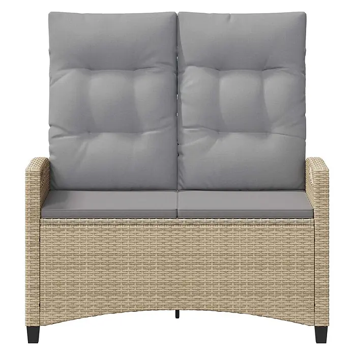 Furnicato Gartenbank pulverbeschichtet - B x T x H: 60 x 105 x 112 cm, Beige und Hellgrau - Bequeme zweisitzige Gartenbank aus beigem Polyrattan mit hohen Rückenlehnen und grauen Kissen.