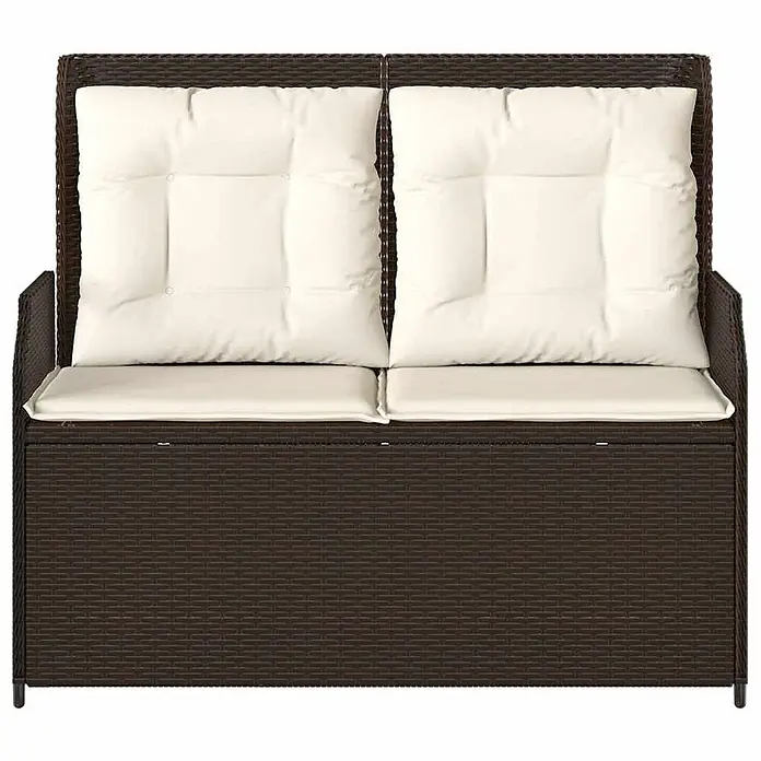 Furnicato Gartenbank - B x T x H: 95 x 95 x 95 cm, Braun - Dunkelbraune Rattan-Gartenbank mit zwei Sitzen und cremefarbenen Kissen, mit integriertem Stauraum.
