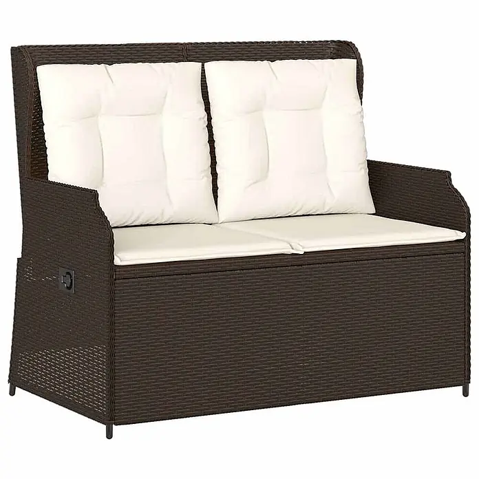 Furnicato Gartenbank - B x T x H: 95 x 95 x 95 cm, Braun - Dunkelbraune Polyrattan-Gartenbank mit Stauraum und zwei cremefarbenen Sitz- und Rückenkissen.
