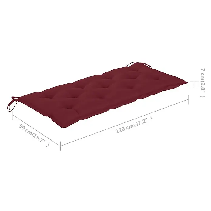 Furnicato Gartenbank Akazienholz geölt - B x T x H: 58 x 120 x 90 cm, Weinrot - Burgunderrotes, gestepptes Bankkissen mit Bändern, 120x50x7 cm.
