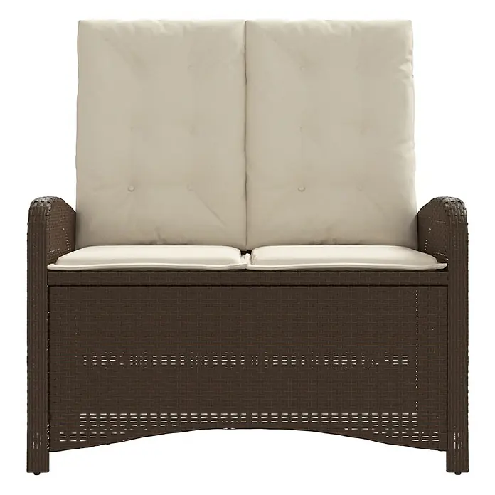 Furnicato Gartenbank - B x T x H: 59 x 86 x 93 cm, Braun und Creme - Braune Rattan-Gartenbank für zwei Personen mit Stauraum und cremefarbenen Kissen.