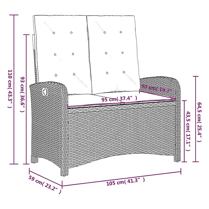 Furnicato Gartenbank - B x T x H: 59 x 86 x 93 cm, Braun und Creme - Geflochtenes Zweisitzer-Gartensofa mit hellen Kissen und Maßen.