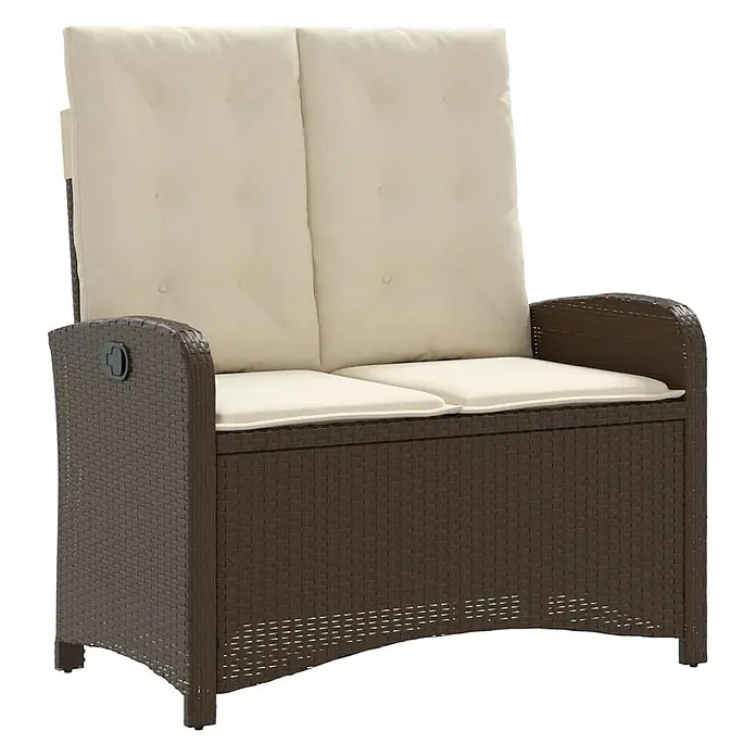 Furnicato Gartenbank - B x T x H: 59 x 86 x 93 cm, Braun und Creme - Braune Rattan-Effekt 2-Sitzer Gartenbank mit Stauraum und cremefarbenen Kissen.