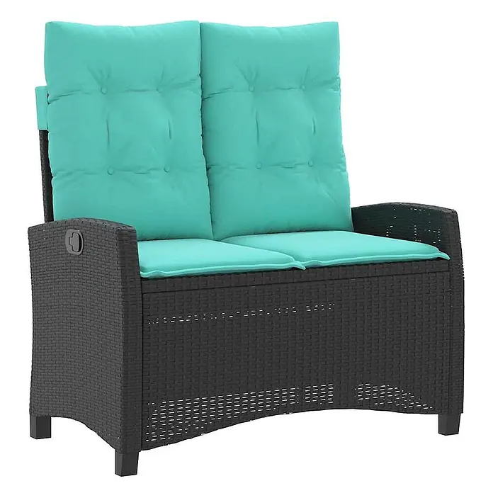 Furnicato Gartenbank PE-Rattan - B x T x H: 105 x 90 x 83 cm, Schwarz - Dunkelgraues Rattan-ähnliches Zweisitzer-Gartensofa mit dicken türkisfarbenen Rücken- und Sitzkissen.