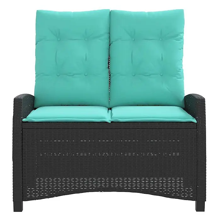 Furnicato Gartenbank PE-Rattan - B x T x H: 105 x 90 x 83 cm, Schwarz - Dunkelgraue Rattan-Optik 2-Sitzer Outdoor-Aufbewahrungsbank mit türkisen Sitz- und Rückenkissen.