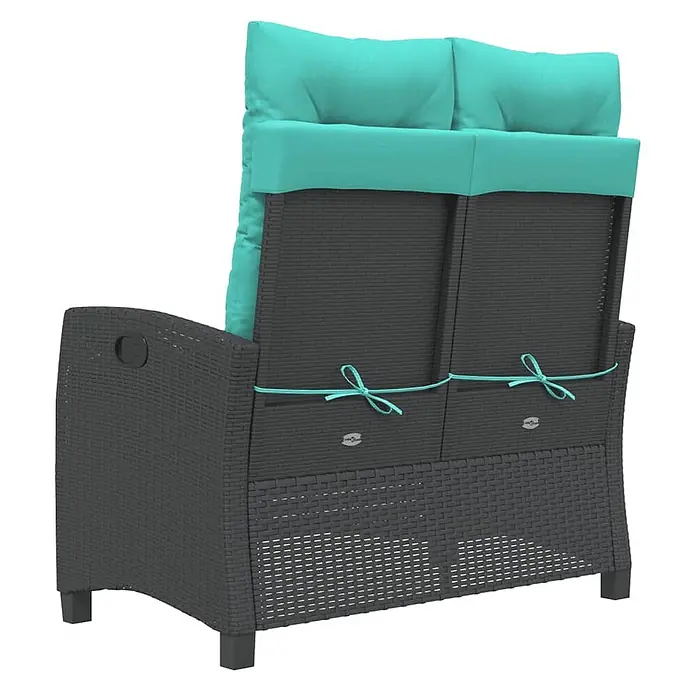 Furnicato Gartenbank PE-Rattan - B x T x H: 105 x 90 x 83 cm, Schwarz - Dunkelgraues Outdoor-Sofa aus Polyrattan mit türkisen Kissen, am Rücken befestigt.