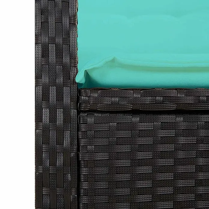 Furnicato Gartenbank PE-Rattan - B x T x H: 105 x 90 x 83 cm, Schwarz - Dunkelbraune geflochtene Gartenmöbel mit einem leuchtend türkisen Kissen.