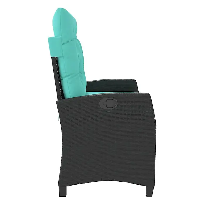 Furnicato Gartenbank - B x T x H: 105 x 90 x 93 cm, Schwarz - Dunkelgrauer Rattan-Gartenliegestuhl mit türkisen Kissen und seitlichem Liegemechanismus.