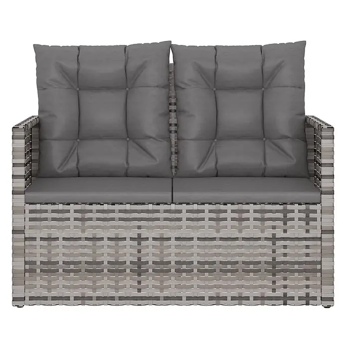 Furnicato Gartenbank - Grau - Zweisitzer-Gartensofa aus grauem Rattan-Geflecht mit dunkelgrauen Kissen.