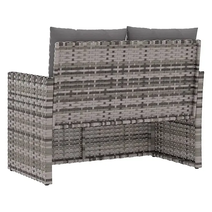 Furnicato Gartenbank - Grau - Graues Polyrattan Outdoor-Sofa mit Kissen, von hinten gesehen.